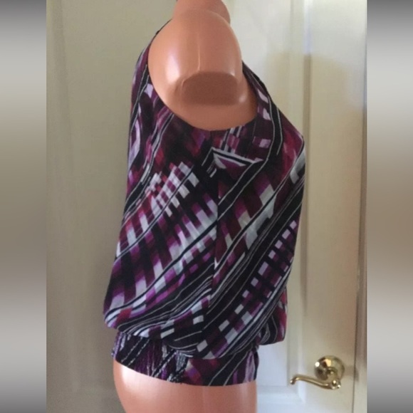 WHBM Abstract Burgundy Surplice Faux Wrap V Neck Banded Top XS NWOT CDW $89 - Picture 5 of 12